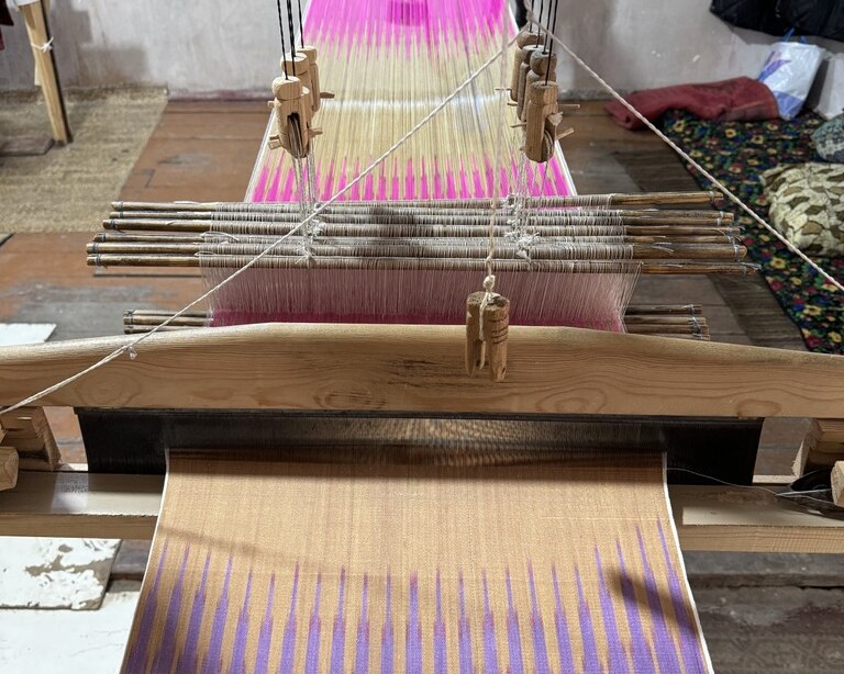 Intricately resist-dyed silk warp threads for ikat pattern, on the loom.