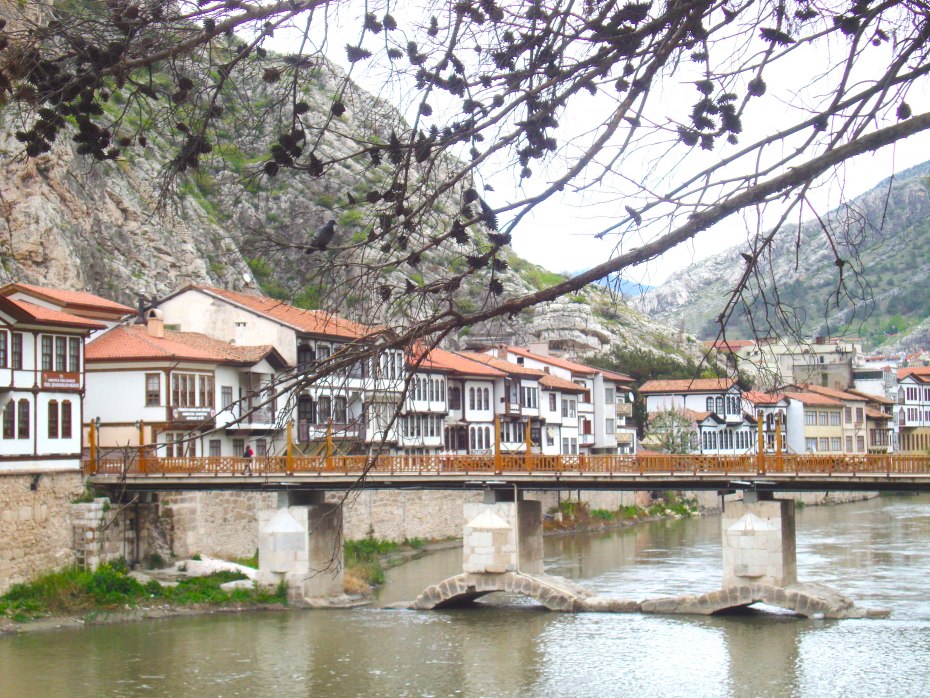 White houses cluster by the river in town of Amasya