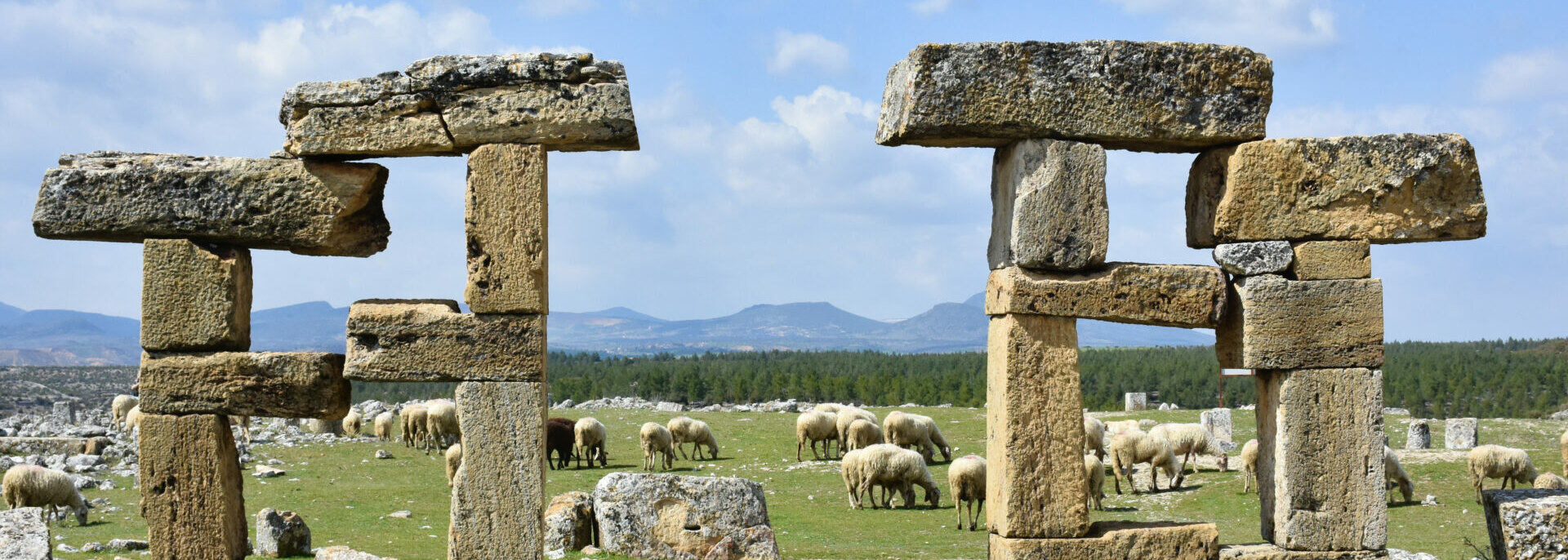 Big rectangular stones balanced at the gate fro the Blaundos archeological site in Turkey