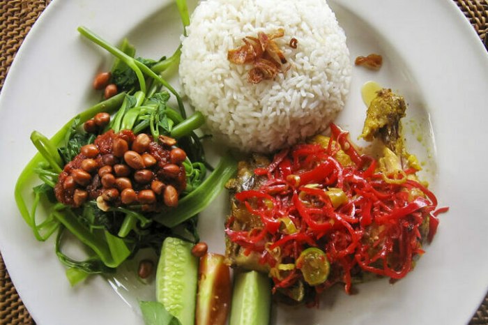Typiucal dinner of rice and vegetables in Bali, Indonesia.