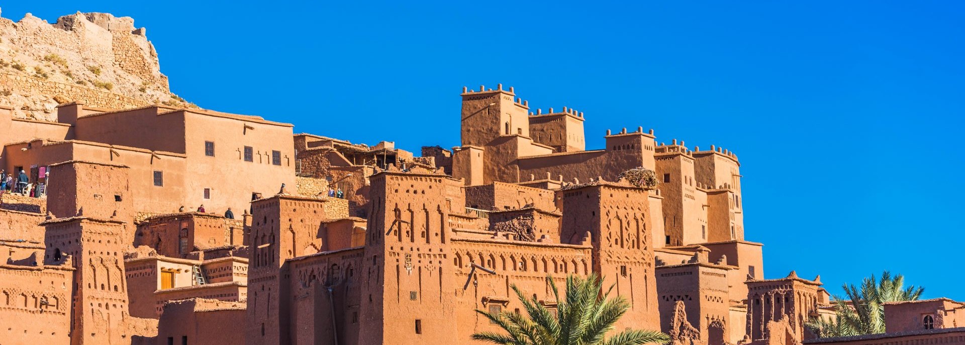 A complex of rosy-tan buildings called a kasbah, with palm trees.