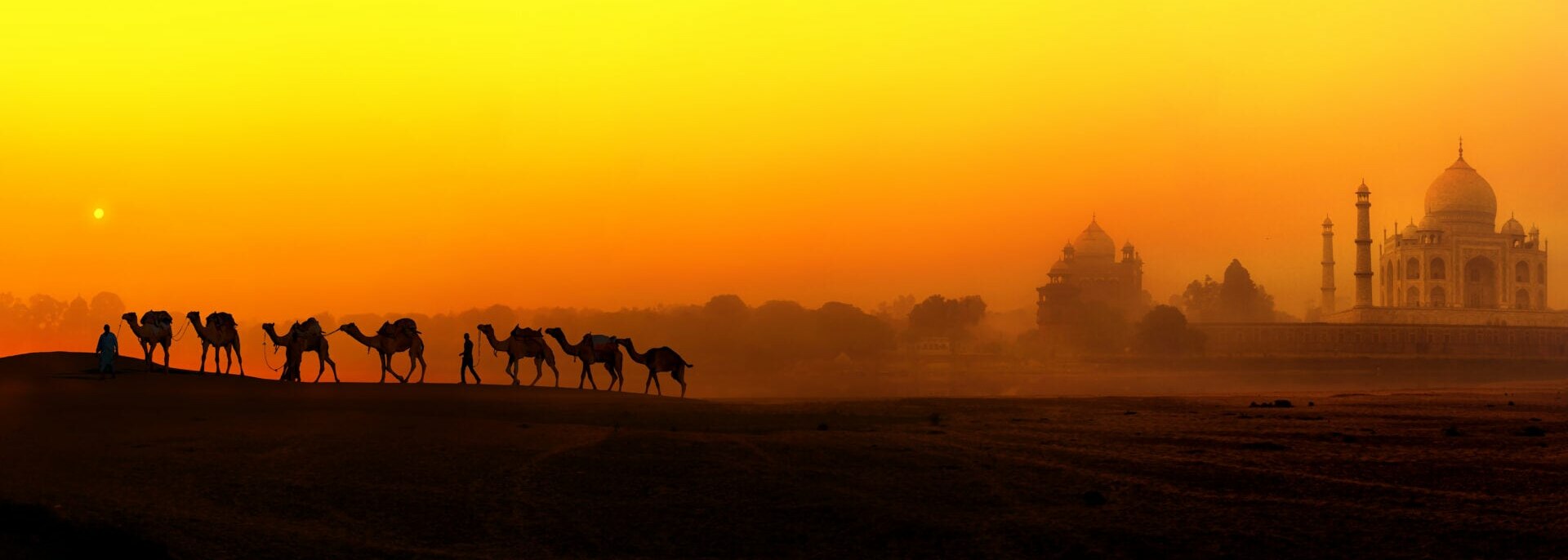 Camel train passes the Taj Mahal against an orange sunset background