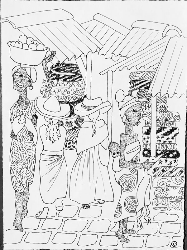 Sketch of fabric market vendors, GHANA