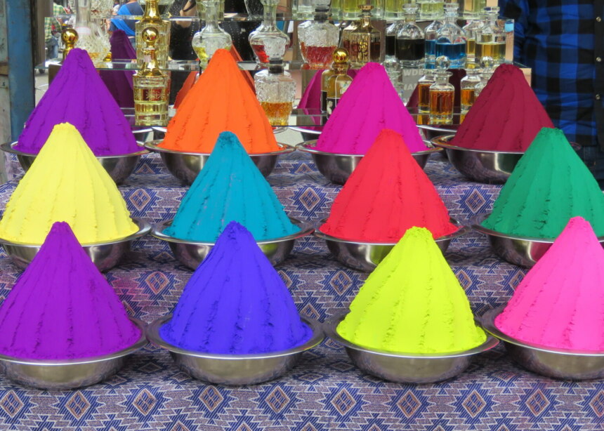 Piles of colored powders used to throw during the festival of Holi.