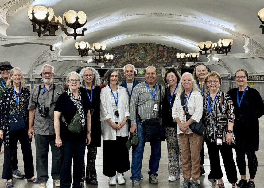 Textile Guild group in Tashkent cotton-boll lights in decorated Metro