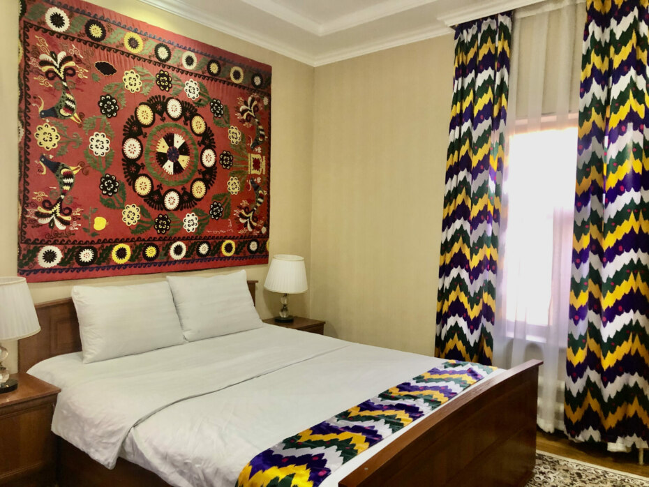 Suzani-decorated hotel room, Samarkand