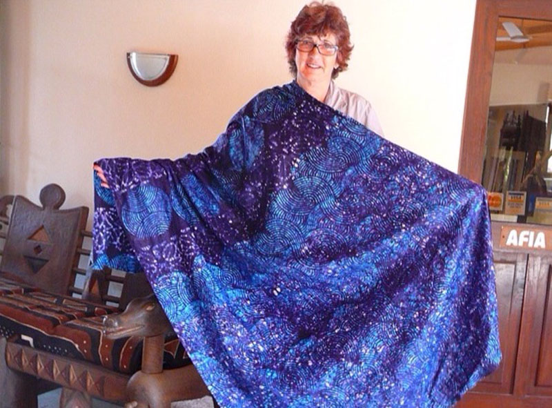 Jo Hope with her gorgeous blue batik cloth that she printed and dyed in the BTSA batik workshop in Ghana.