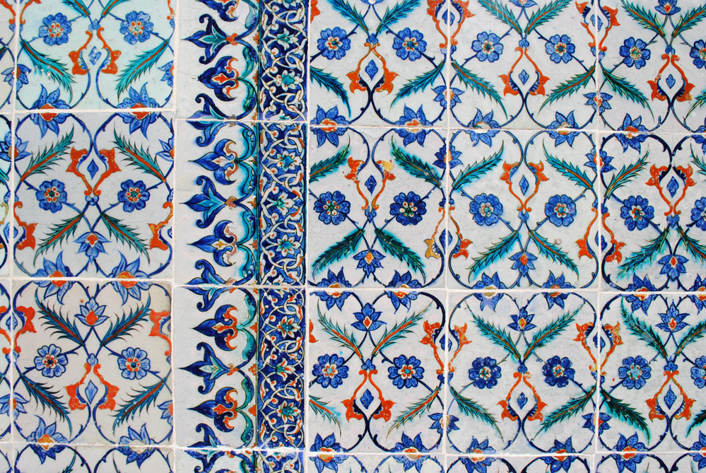 Blue and red ceramic tiles in a mosque; Istanbul, Turkey