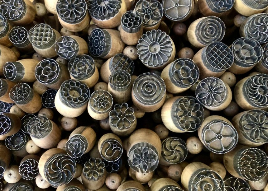 Dozens of assorted bread stamps showing different designs to decorate breads. 
