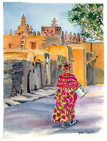 Mali scene. Watercolor by Jean Haefele. 8.5" x 11"