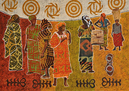 Fabric collage of Ghanaian women, by Jean Haefele.